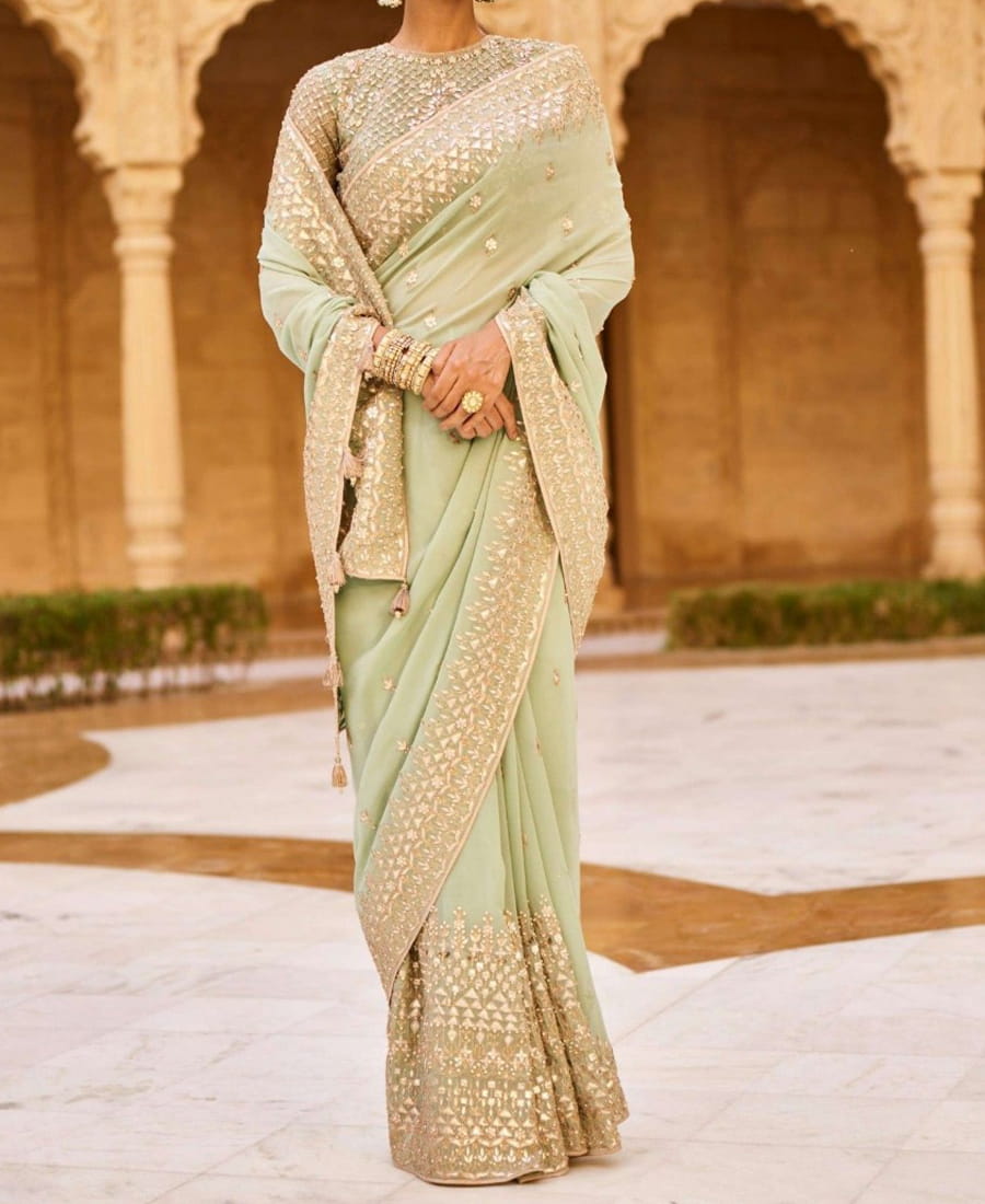 Pretty Pista Color Georgette Embroidered Work Saree Blouse