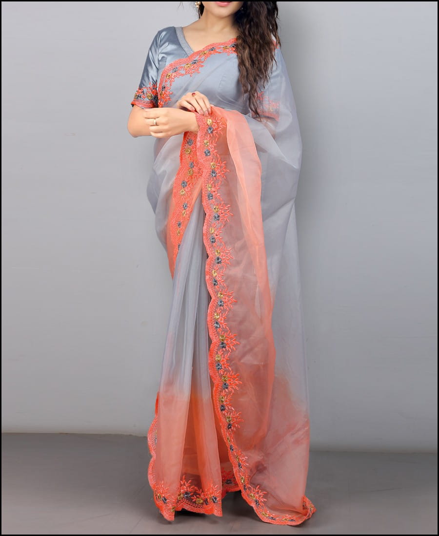 Sensational Grey Party Wear Organza Silk Embroidered Work Saree Blouse