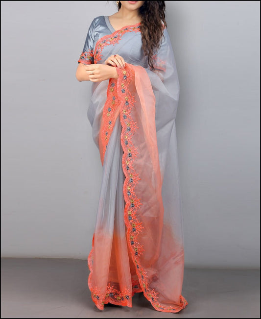 Sensational Grey Party Wear Organza Silk Embroidered Work Saree Blouse
