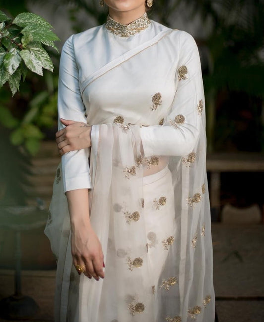 Striking Off White Organza Silk Embroidered Work Design Saree Blouse