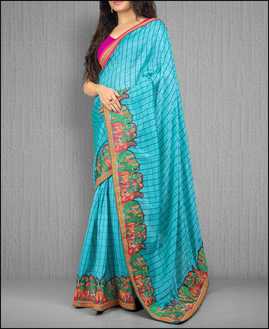 Dazzling Sky Blue Vichitra Silk Embroidered Work Saree Blouse