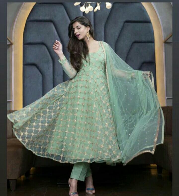Wonderful Pista Net Zari Sequence Embroidered Work Party Wear Salwar Suit