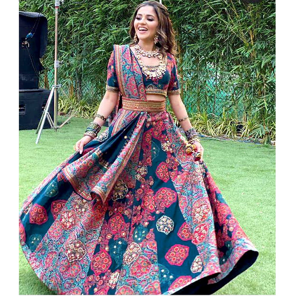 Glorious Dark Rama Italian Satin Digital Print Lehenga Choli