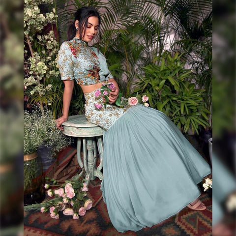 Captivating Sky Blue Georgette Satin Zari Embroidered Work Lehenga Choli