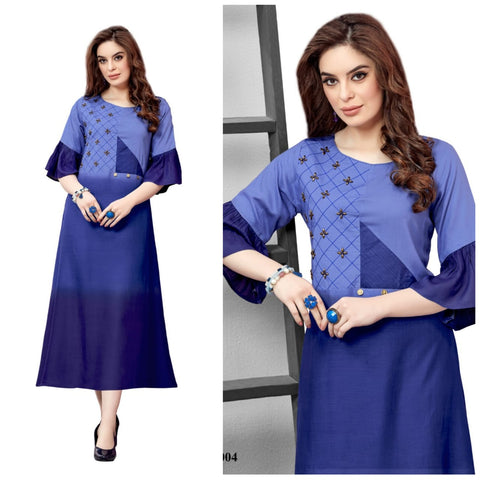 Charming Navy Blue Rayon Long Embroidered Hand Work Kurti