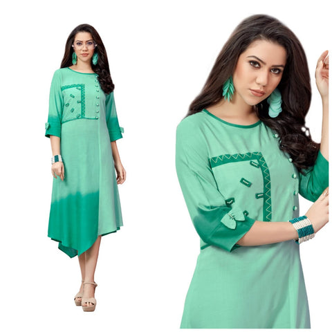 Alluring Sea Green Rayon Long Hand Embroidered Work Kurti