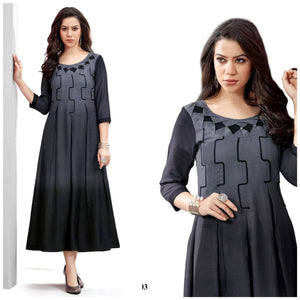 Exquisite Grey Color Embroidered Hand Work Long Rayon Kurti