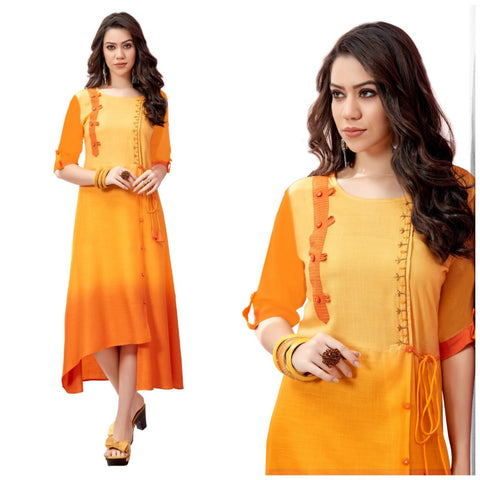 Gorgeous Mustard Color Long Rayon Embroidered Hand Work Kurti