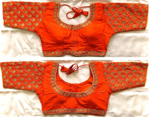 Remarkable Orange Phantom Silk Zari Thread Work Ready Made Blouse