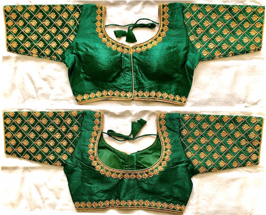 Extraordinary Dark Green Zari Thread Work Phantom Silk Read Made Blouse