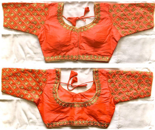 Staggering Peach Zari Thread Work Phantom Silk Ready Made Blouse