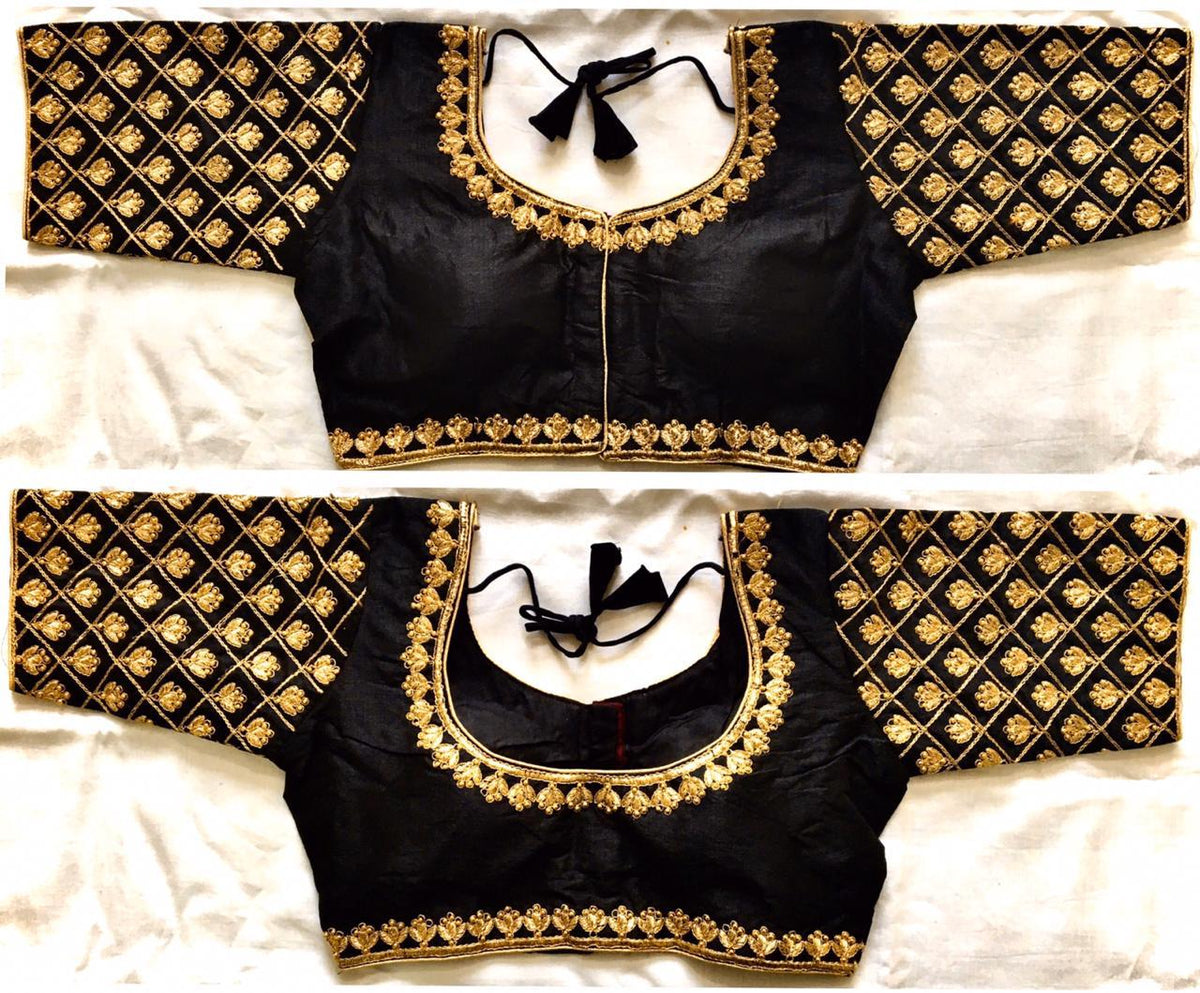 Impressive Black Zari Thread Work Phantom Silk Full Stitched Blouse