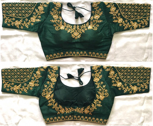 Imposing Dark Rama Green Phantom Silk Stone Zari Thread Work Blouse