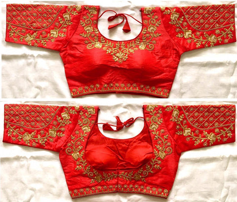 Breathtaking Red Color Phantom Silk Zari Thread Stone Work Full Stitched Blouse