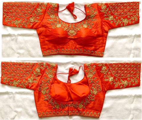 Mind-Boggling Orange Phantom Silk Stone Zari Thread Work Full Stitched Blouse
