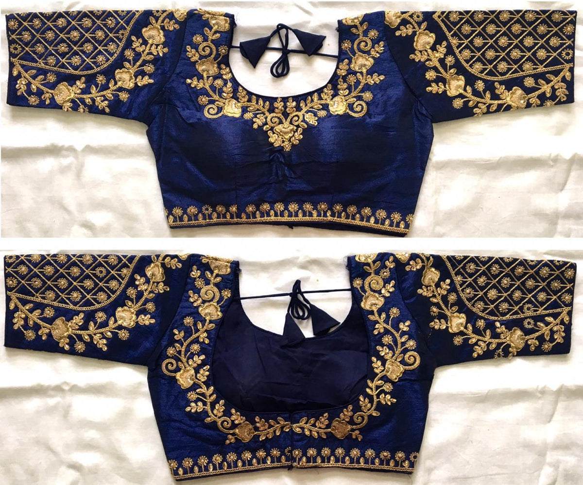 Fabulous Navy Blue Zari Thread Stone Work Phantom Silk Ready Made Blouse