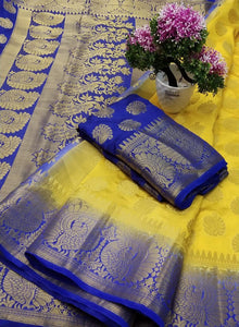 Tremendous Yellow Color Nylon Silk All Over Design Rich Pallu Saree Blouse