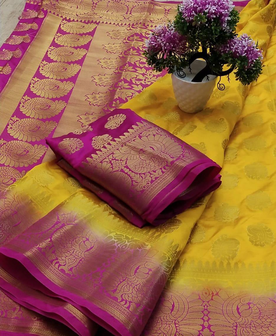 Good-Looking Amber Yellow Color Nylon Silk Rich Pallu All Over Design Saree Blouse