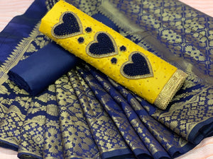 Ravishing Yellow Color Cotton Silk Thread Moti Diamond Work Salwar Suit