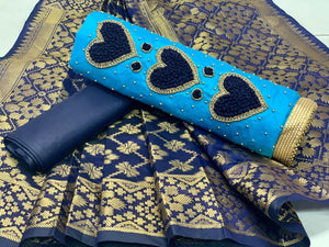 Magnificent Sky Blue Cotton Silk Moti Thread Diamond Heart Work Salwar Suit