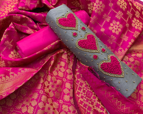 Captivating Grey Color Cotton Silk Moti Thread Diamond Work Salwar Suit