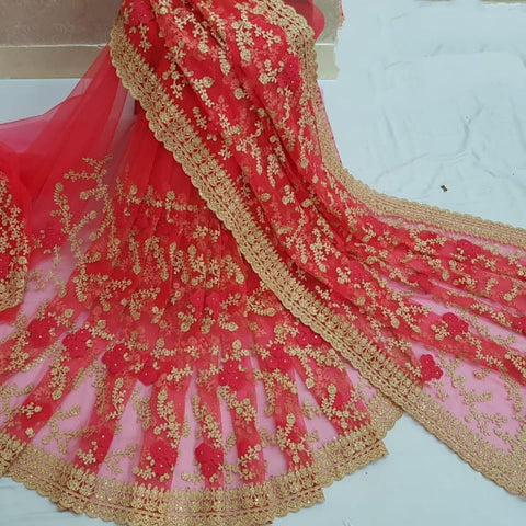 Charming Rust Color Nylon Net Embroidered Multi Stone Work Saree Blouse