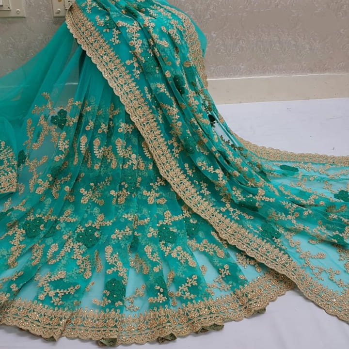 Exquisite Rama Color Nylon Net Zari Stone Embroidered Work Saree Blouse