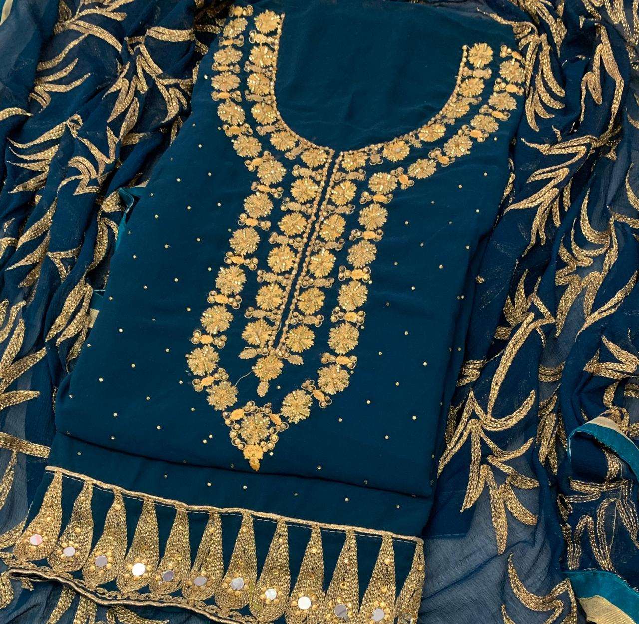 Bootylicious Rama Blue Embroidered Diamond Work Georgette Salwar Suit