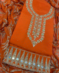 Beauteous Pumpkin Color Georgette Embroidered Diamond Work Salwar Suit