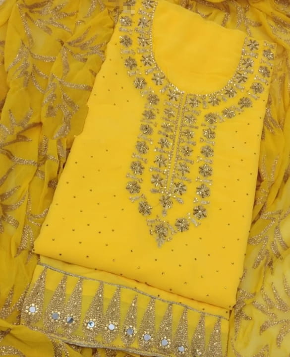 Pulchritudinous Yellow Color Diamond Embroidered Work Georgette Salwar Suit