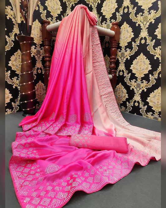 Extraordinary Pink Color Satin Silk Stone Diamond Work Saree Blouse