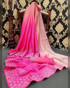 Extraordinary Pink Color Satin Silk Stone Diamond Work Saree Blouse
