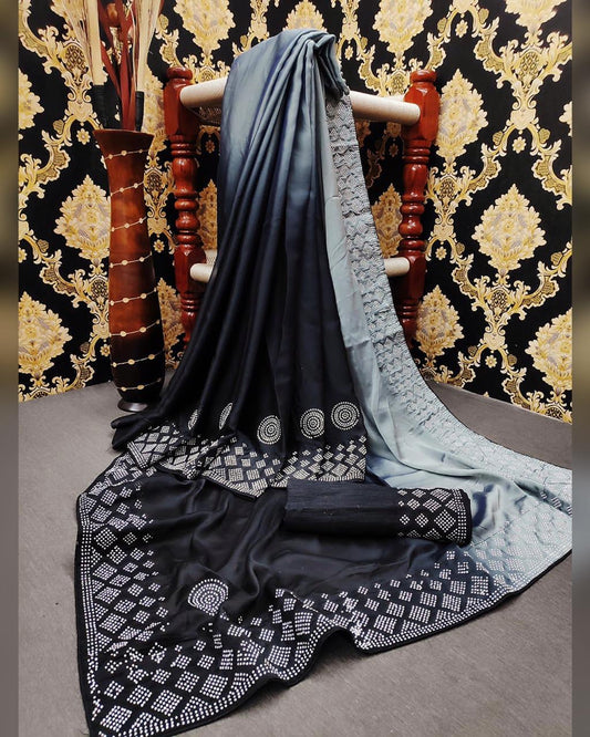 Staggering Grey Color Satin Silk Machine HB Diamond Stone Work Saree Blouse