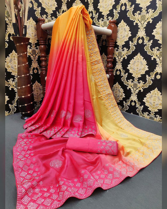 Incredible Mustard Color Satin Silk Machine Diamond HB Stone Work Saree Blouse
