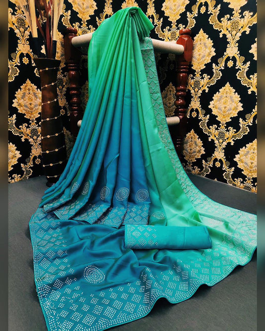 Amazing Sea Green Color Satin Silk HB Diamond Stone Work Saree Blouse