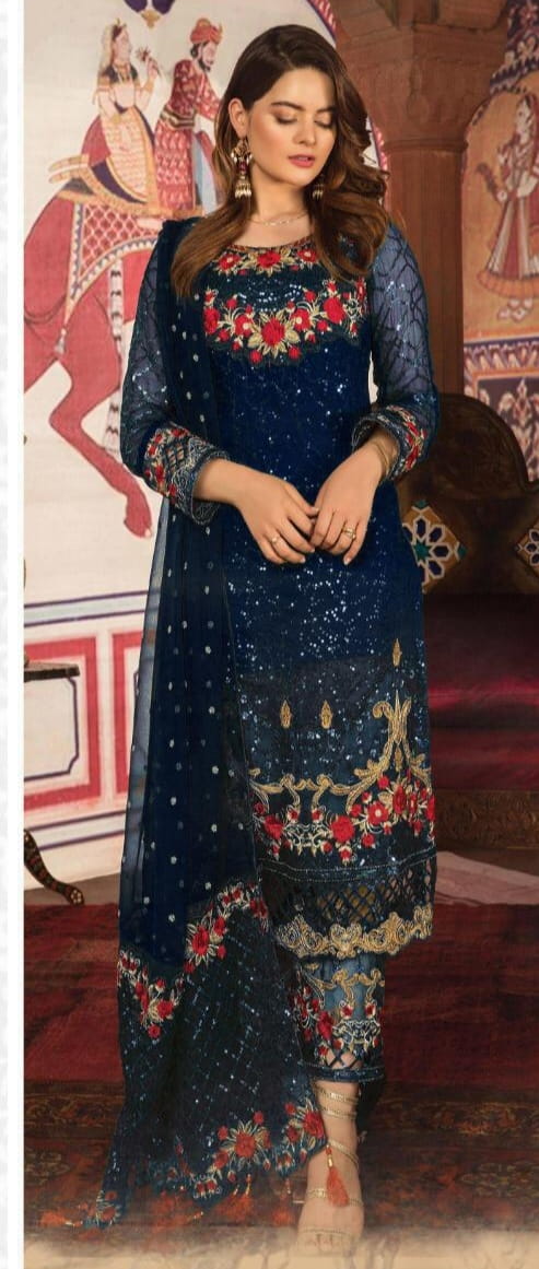 Splendid Navy Blue Georgette Embroidered Sequence Work Salwar Suit