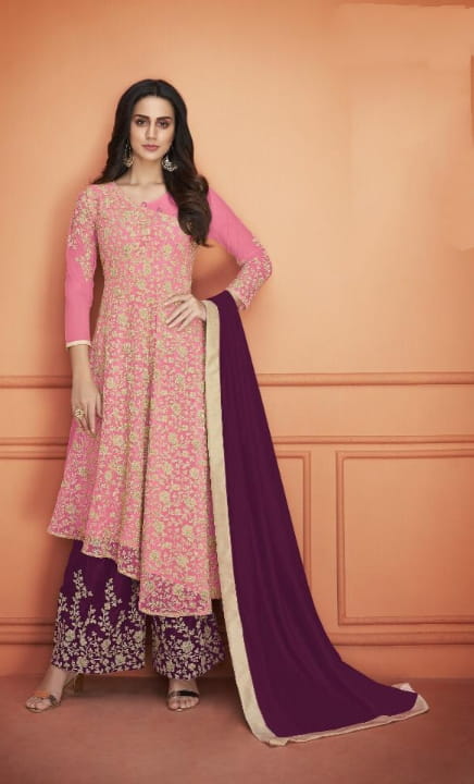 Fab Rose Pink Color Soft Net Embroidered Cording Work Plazo Sharara Suit