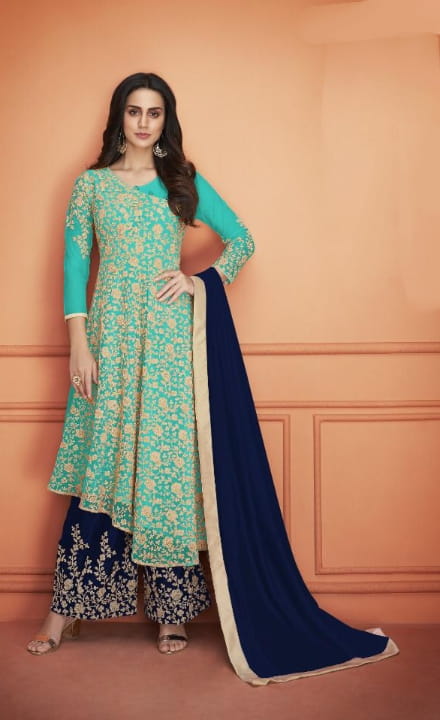 Super Latest Turquoise Color Heavy Net Embroidered Cording Work Plazo Salwar Suit