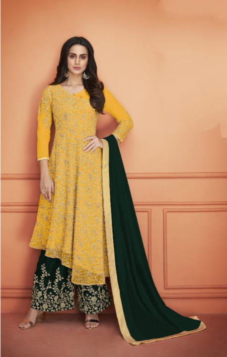 Fantastic Yellow Color Cording Embroidered Work Net Sharara Salwar Suit