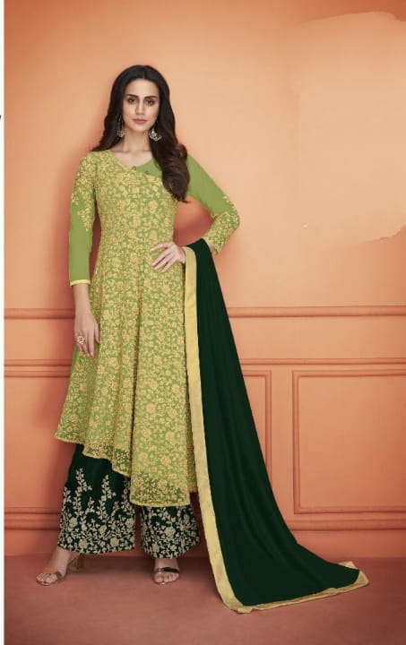 Wondrous Apple Green Color Net Embroidered Cording Work Sharara Salwar Suit