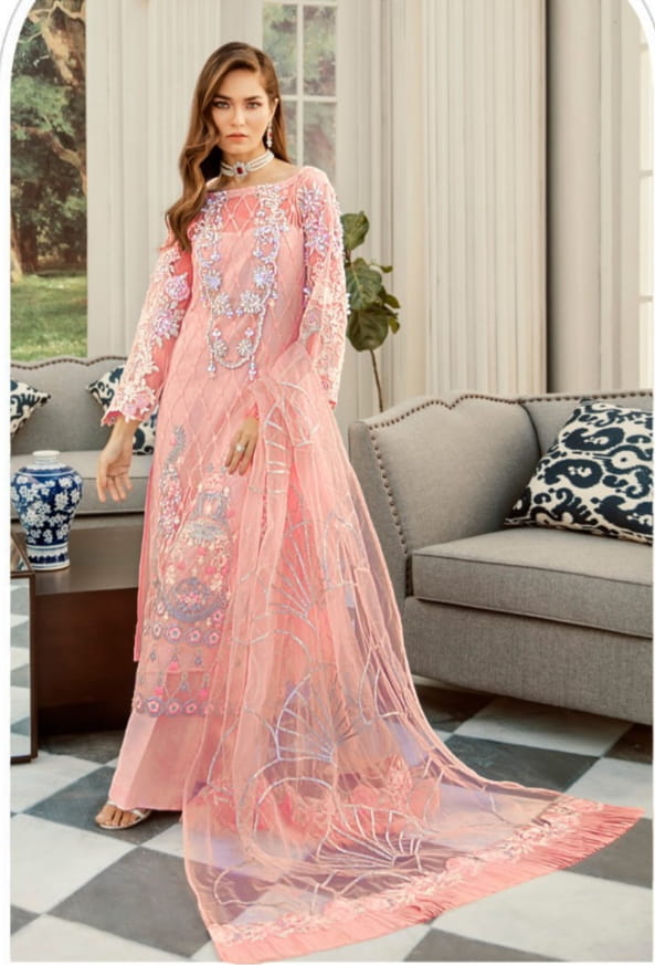 Beautiful Peach Color Net Embroidered Sequence Stone Work Plazo Salwar Suit