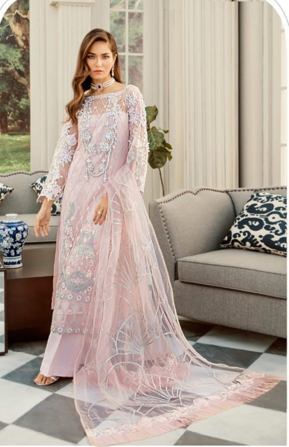 Attractive Baby Pink Color Net Embroidered Sequence Stone Work Sharara Salwar Suit
