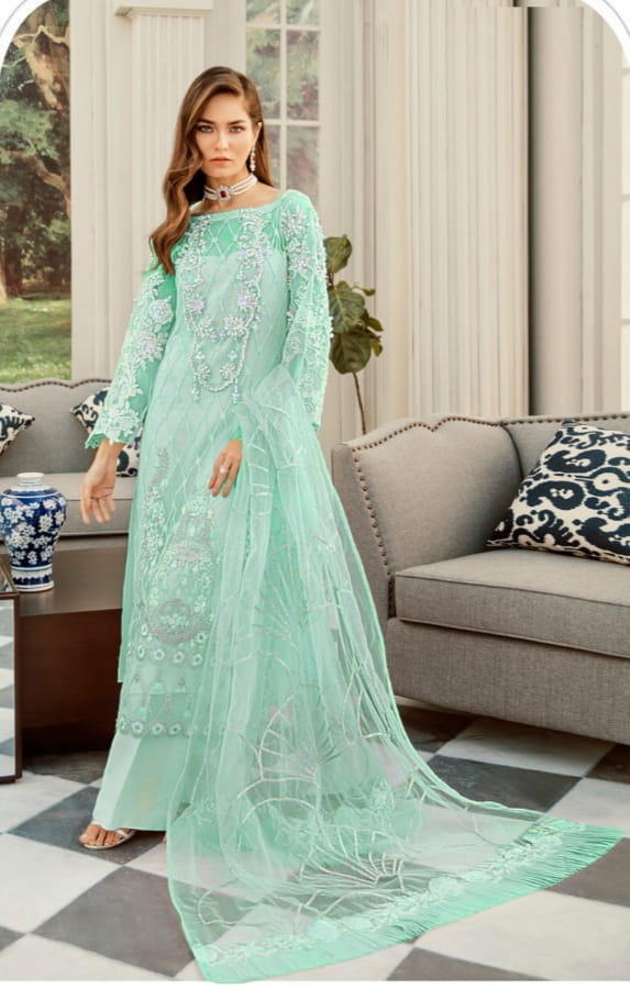 Lovely Aqua Color Embroidered Sequence Stone Work Net Party Wear Plazo Salwar Suit
