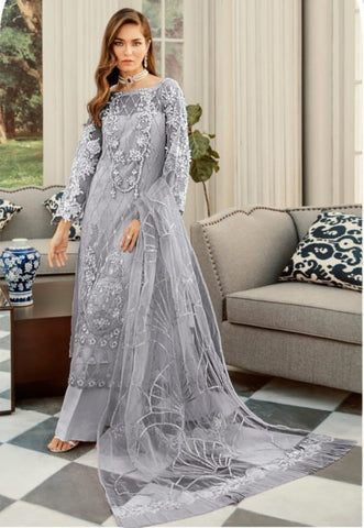 Good-Looking Grey Color Net Embroidered Stone Sequence Plazo Salwar Suit