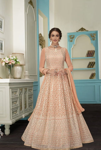 Sensational Peach Color Georgette Embroidered Thread Sequence Work Salwar Suit