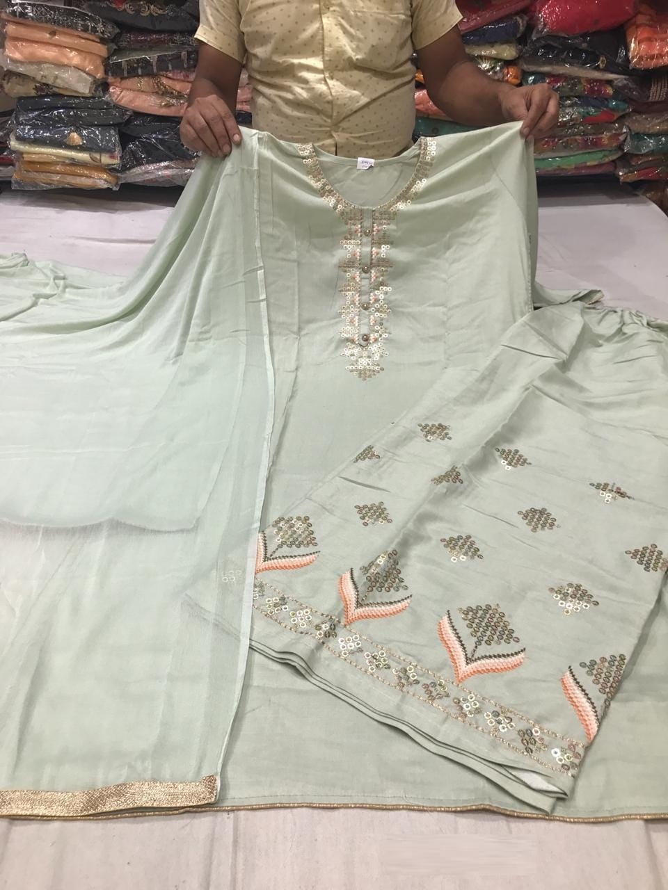 Striking Light Green Color Top Rayon Embroidered Sequence work Plazzo Suit