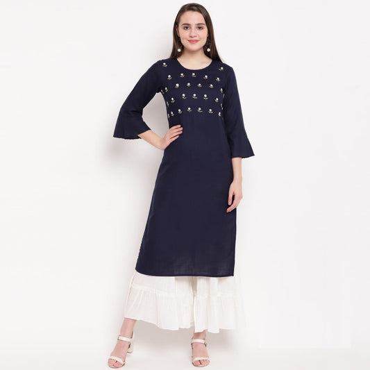 Wonderful Party Wear Navy Blue Rayon Handwork Readymade Kurta Plazo Design