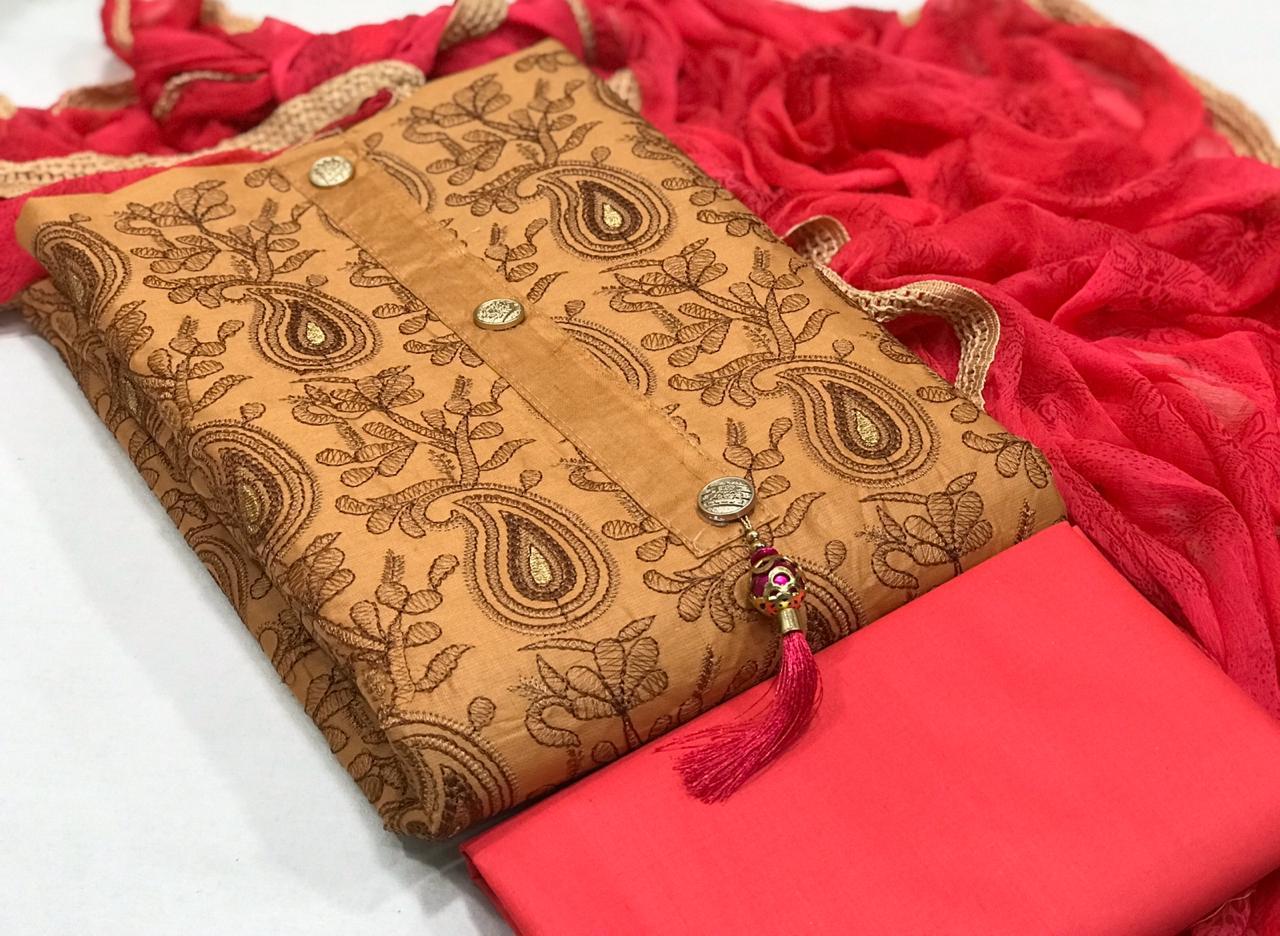 Alluring Bronze Color Cotton Embroidered Work Salwar Suit