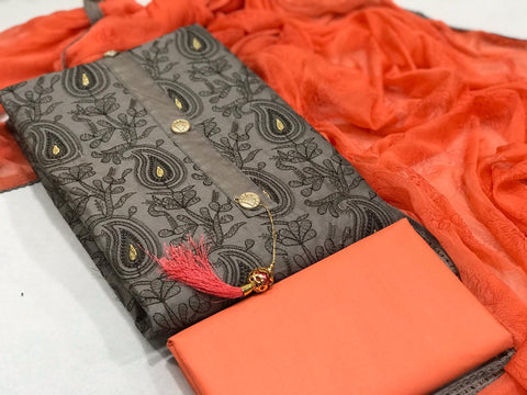 Gorgeous Grey Color Cotton Embroidered Work Party Wear Salwar Suit