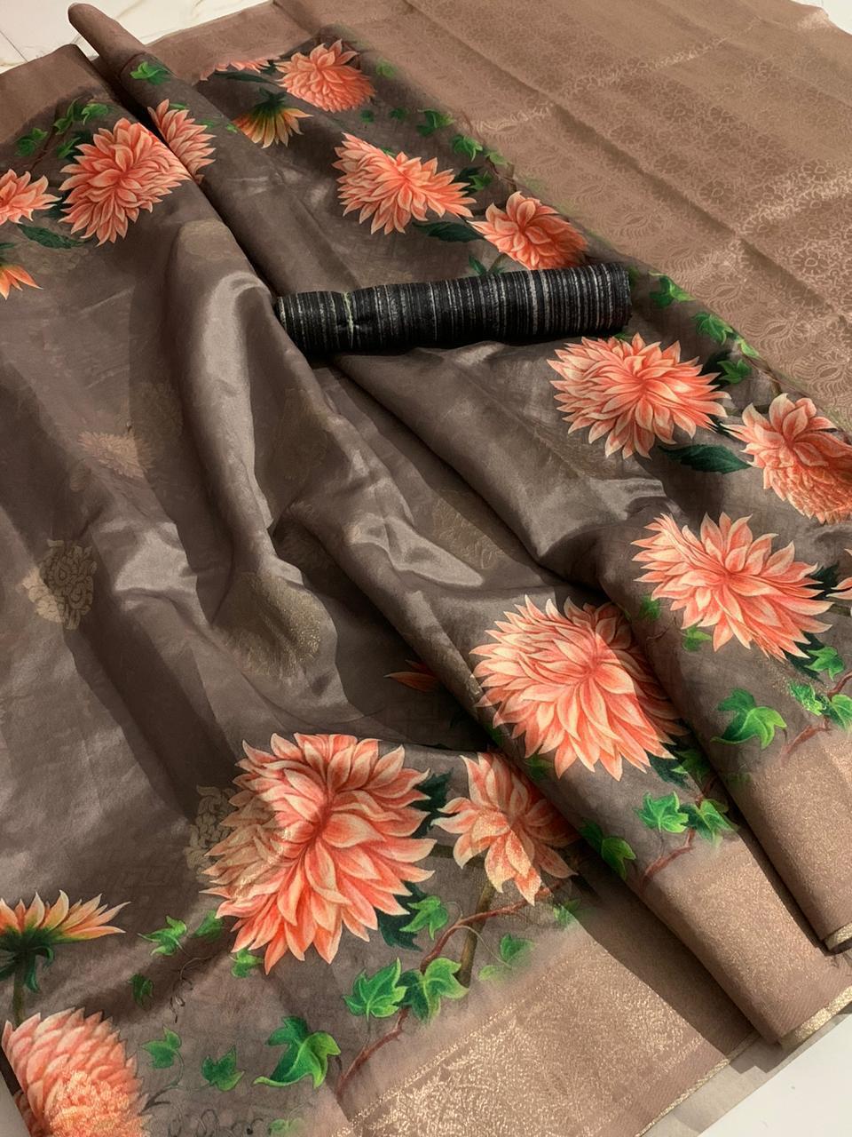 Beauteous Umber Color Banarasi Silk Zari Weaving Digital Printed Party Wear Saree Blouse
